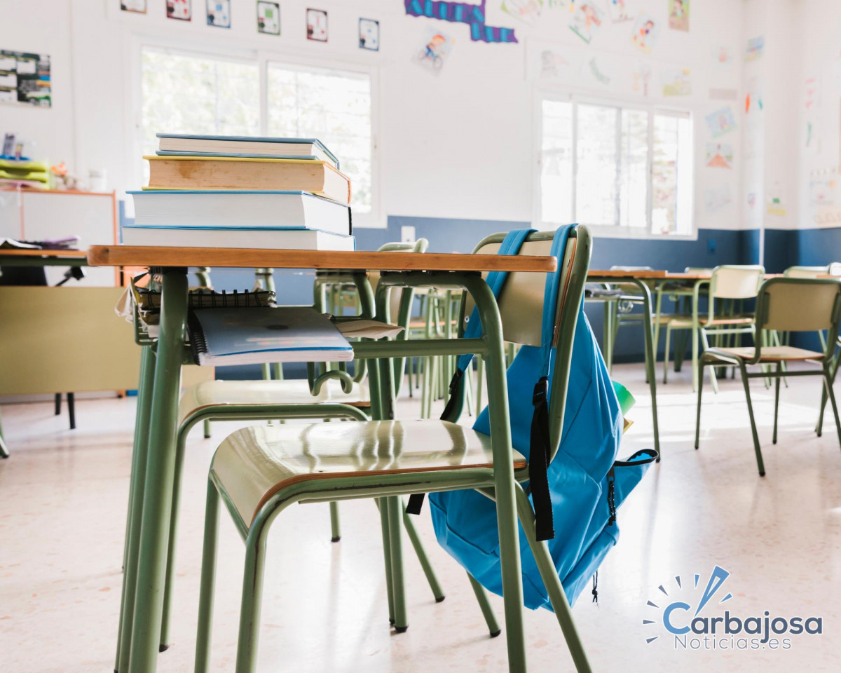 School classroom with books and backpack