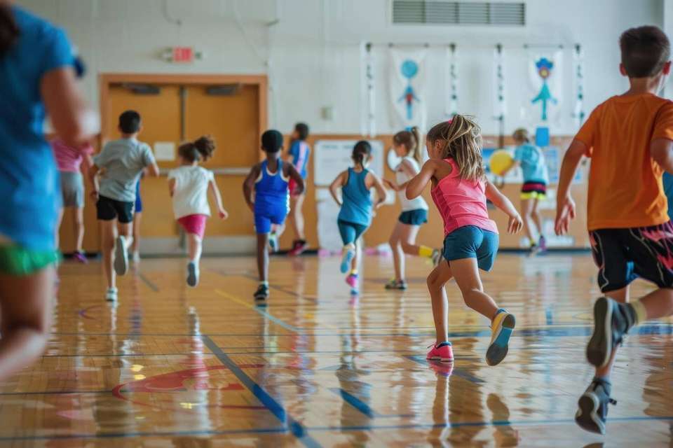 Gym class action with students participating different activities like running jumping